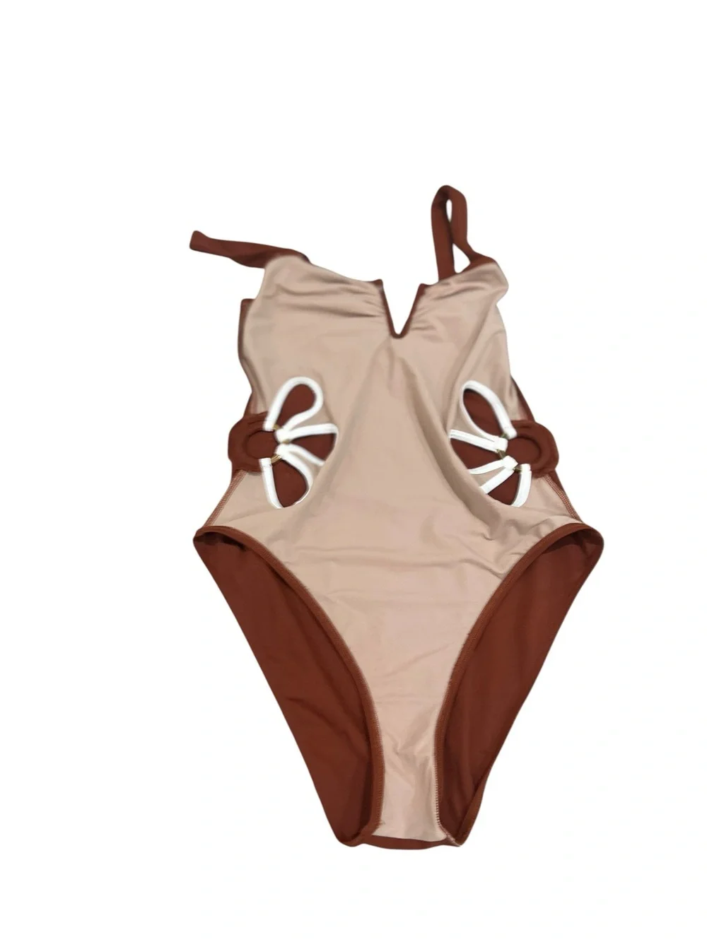 Follow Suit One-Piece Swim Suit cognac floral cutout White Trim gold ring large